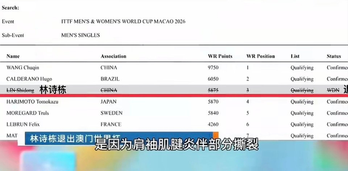 林诗栋因伤退赛 林兆恒替补出战澳门世界杯
