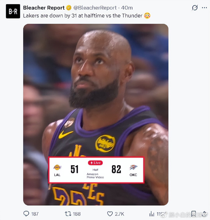 湖人惨遭雷霆血洗半场落后31分詹姆斯悲凉离场